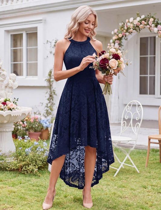 Women Halter Lace Wedding Guest Dress Hi-Lo Cocktail Party Bridesmaid Formal Dresses