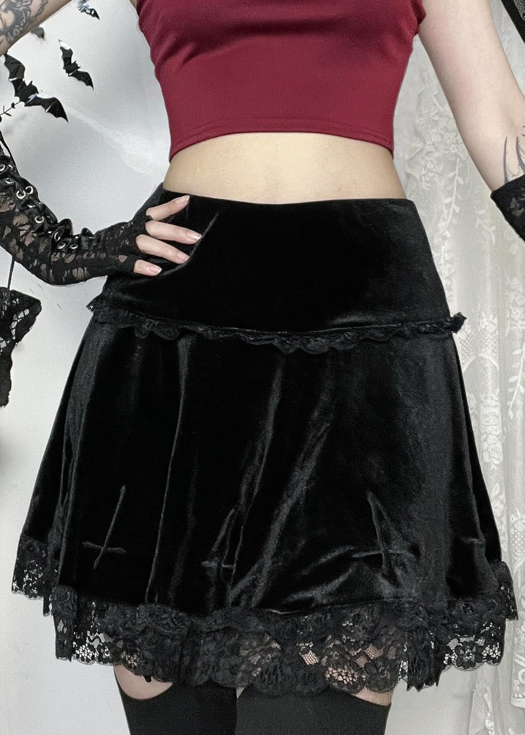 Womens Gothic Mini Skirts Punk Grunge Velvet Skirts High Waist Emo Skirt Mall Goth Alt Harajuku Skirt