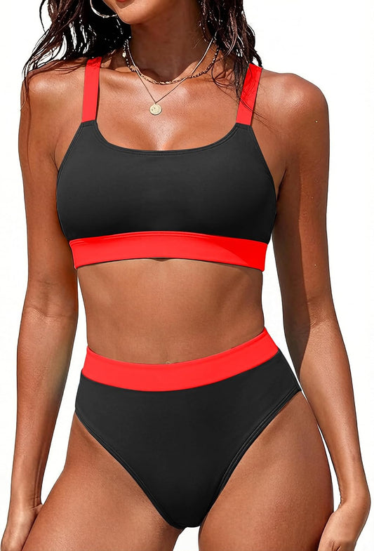 Women High Waisted Bikini Sets Color Block Swimsuits 2 Piece Bathing Suits Tummy Control Sporty Teens