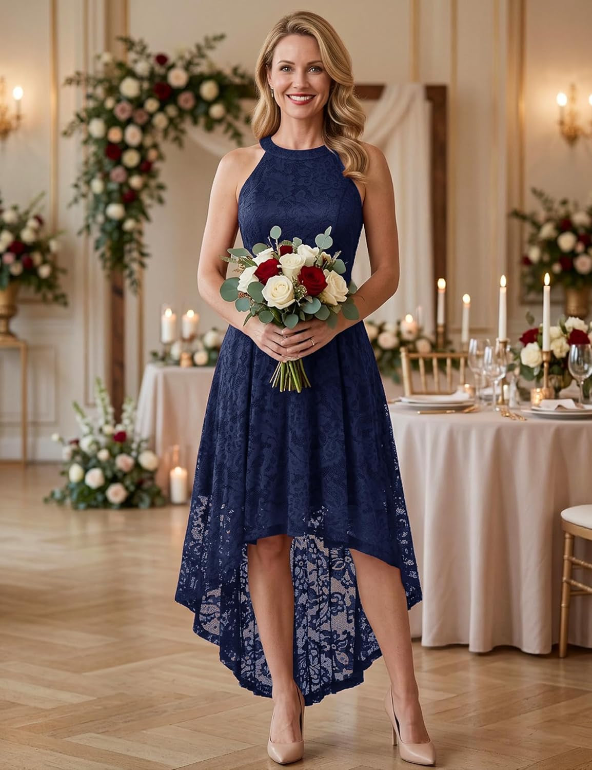 Women Halter Lace Wedding Guest Dress Hi-Lo Cocktail Party Bridesmaid Formal Dresses