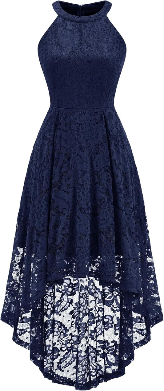 Women Halter Lace Wedding Guest Dress Hi-Lo Cocktail Party Bridesmaid Formal Dresses